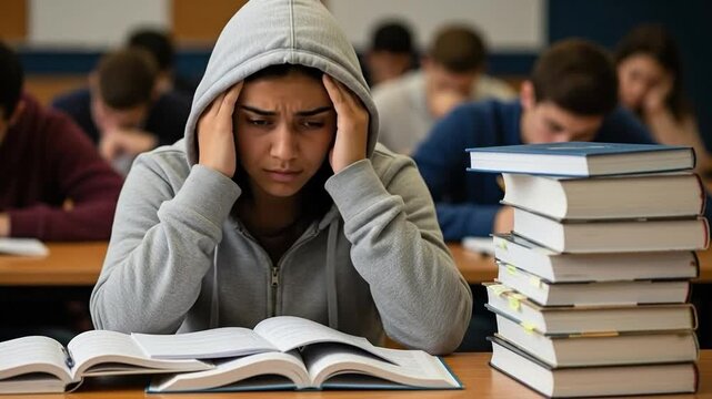 Frustrated Male Student with Books in Classroom During Exam Stress and Anxiety