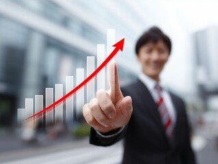 業績成長や売上向上を象徴する上昇グラフを指し示すビジネススーツ姿の男性