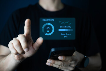 Man using smartwatch sync to smartphone to displaying sleep cycle graph. Data visualization and health monitoring. Innovative wearable technology