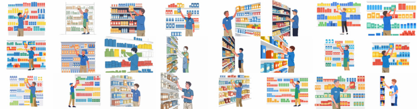 Retail workers stocking grocery store shelves compilation, showing various male employees arranging products and goods, flat vector illustration set.