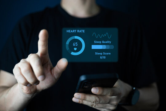 Man using smartwatch sync to smartphone to displaying sleep cycle graph. Data visualization and health monitoring. Innovative wearable technology - Powered by Adobe