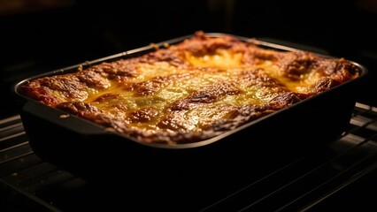 Golden brown baked lasagna in a rectangular dish