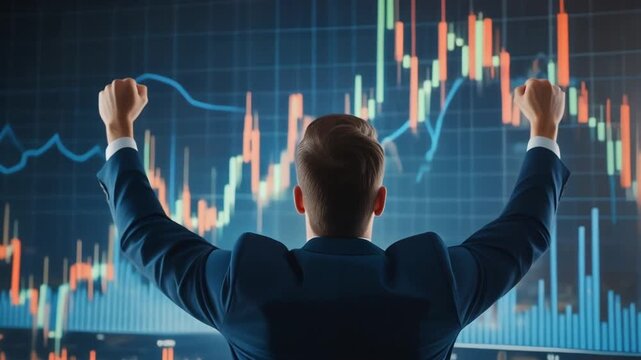 Suited figure celebrating in front of financial charts symbolizing stock market success and trading achievement