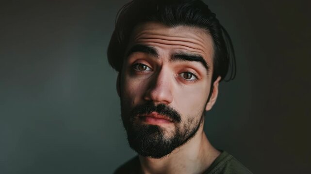 A young man looking directly at the camera with a thoughtful expression, featuring well-groomed beard and mustache. He is wearing a casual top and his dark hair is neatly styled. - Powered by Adobe