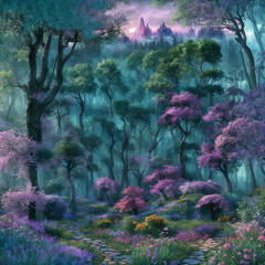 Enchanted Forest with Vibrant Flora and Magical Lighting