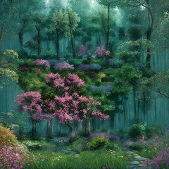 Fantasy Forest with Colorful Flora and Light Dappled Path