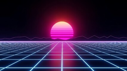 Vibrant retro-futuristic synthwave landscape with a glowing striped sun over a neon grid and dark mountains.