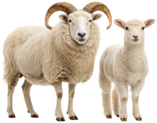 Fototapeta premium Fluffy, majestic adult ram with large, spiraling horns and a smaller, adorable lamb with soft, curly fleece are depicted in a standing pose, showcasing their, isolated on transparent background.