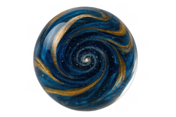 Cosmic nebula orb swirling with golden ribbons and blue galaxy dust, creating an abstract universe on transparent background