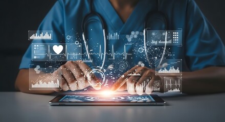 Doctor using futuristic holographic interface with medical data and vital signs on a tablet, representing advanced healthcare technology and digital medicine