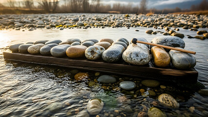 Unique stone xylophone resting in a serene river at sunset