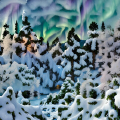 Winter Wonderland, Aurora Borealis, Snowy Night