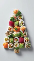A beautiful display of sushi rolls creatively shaped like a Christmas tree, decorated with fresh vegetables and colorful fish. This festive arrangement adds joy to holiday gatherings