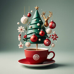 Cup of coffee with christmas tree. 3D illustration.