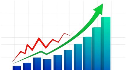 A rising bar graph with a green arrow indicating growth and a red line showing fluctuation, isolated on white background