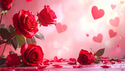 Day romantic setup with red roses and hearts, 