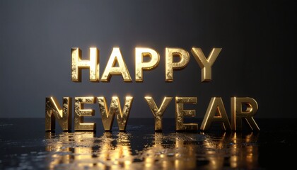 Golden 3D text of 'HAPPY NEW YEAR' on a reflective surface with a dark background and cinematic lighting.