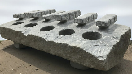 Stone sculpture resembling a musical instrument or abstract art piece