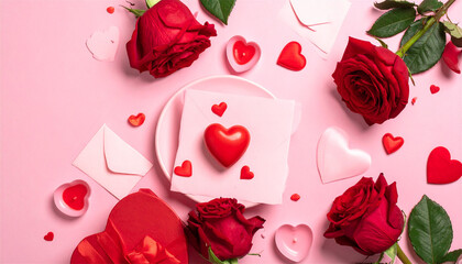 Day romantic setup with red roses and hearts, 