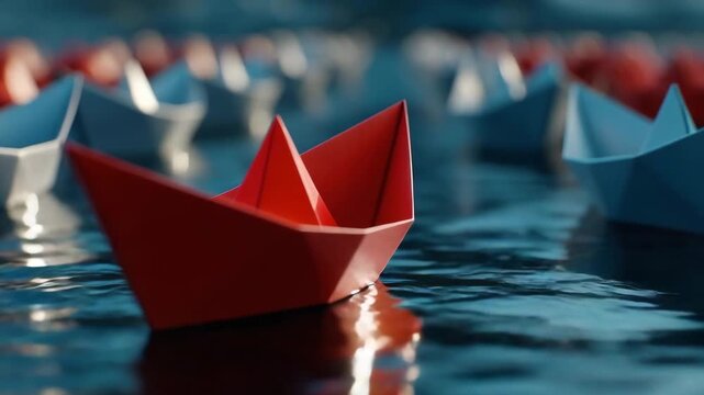 Red paper boat leading blue boats on calm water surface