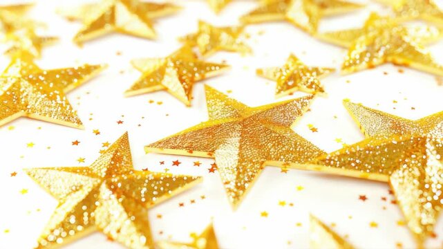 Glittering gold star confetti with red and yellow accents on a light grey surface.