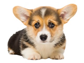 Adorable and fluffy young Pembroke Welsh Corgi puppy with a tri-color coat of black, tan, and white fur, lying down and gazing directly at the viewer with large,, isolated on transparent background.