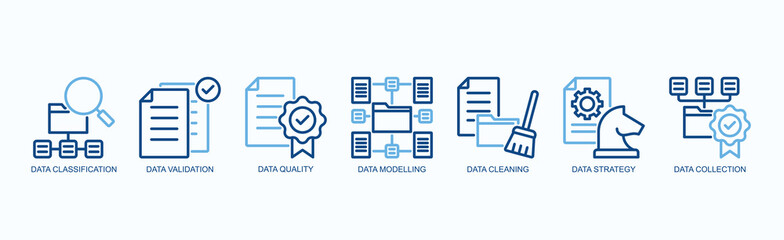 Strategic Data Icon Set Isolated Vector With Icon Of Data Classification, Data Validation, Data Quality, Data Modelling, Data Cleaning, Data Strategy, Data Collection In Two Color Outline Style