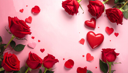 Day romantic setup with red roses and hearts, 