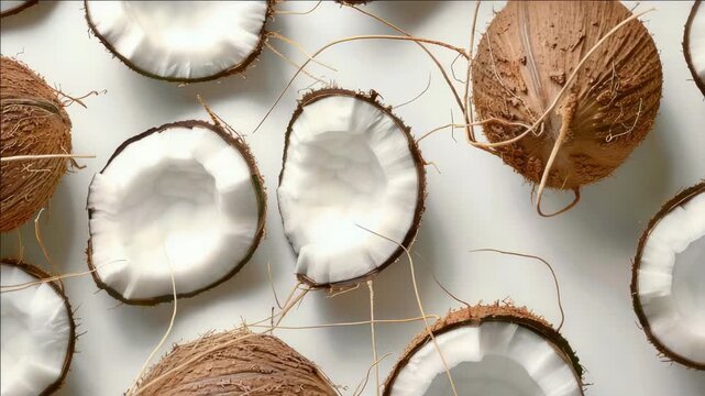 A group of opened coconuts showcasing their inner white meat and outer brown shells against a neutral backdrop.