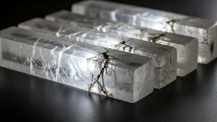 Clear crystal bars with dark inclusions arranged in a row