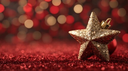 Close up of a glittering gold star ornament resting on a vibrant red glitter surface with festive bokeh background