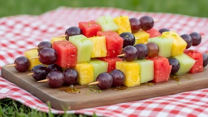 Fresh fruit skewers on wooden board with red checkered cloth