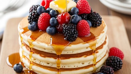 Delicious stack of pancakes with fresh berries and syrup