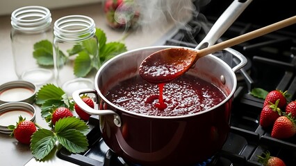 Homemade strawberry jam being prepared in a kitchen