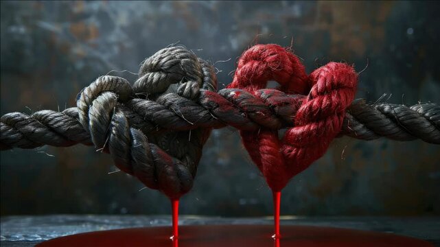 A heart wrenching with a strong emotional impact. Blood drips from a cut rope symbolizing love, loss and the fragility of relationships.