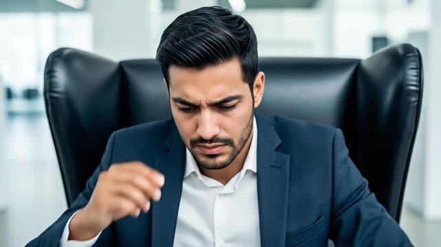 Stressed Businessman in Office - Young Male Executive with Headache in Modern Workplace Setting