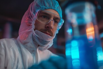 scientist in protective suit analyzing chemical solution