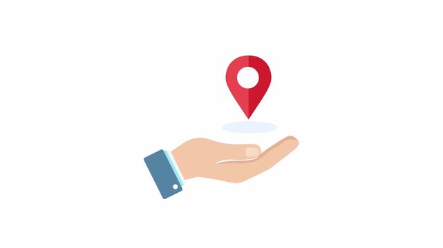 Hand holding a red location pin, representing navigation, delivery, and service.