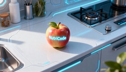 biohacking glowing nutrition coded apple on kitchen counter with light accents for future wellness