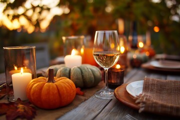 Naklejka premium autumn dinner table with wine glass pumpkin and candles
