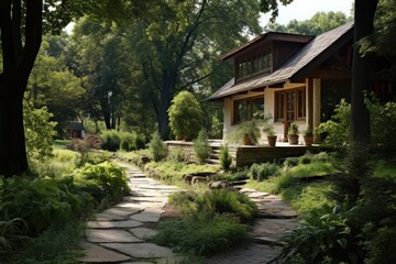 Tranquil garden path winds to a charming house surrounded by lush greenery
