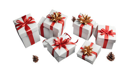 Fototapeta premium Six decorated gift boxes with pinecones