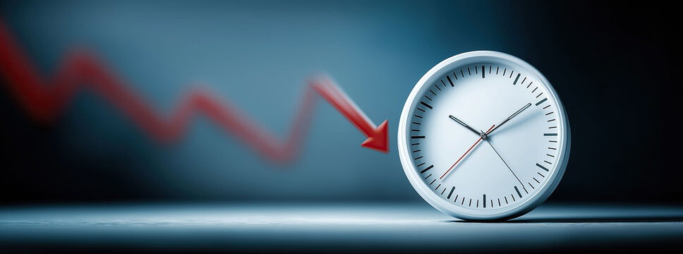White clock stands beside falling red arrow symbolizing shrinking productive hours. - Powered by Adobe