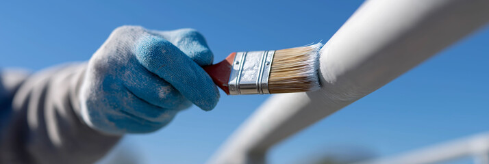 Gloved worker applies fresh protective coating onto outdoor metal railing surface.