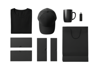 meticulous flat lay of blank black corporate identity merchandise including t-shirt, cap, mug, and packaging boxes, isolated on a white studio background, concept for brand design mockup