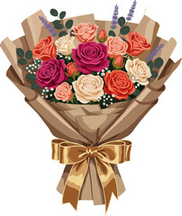 Elegant Rose Bouquet Wrapped in Brown Paper Illustration