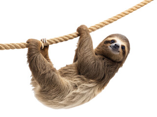 Adorable, fluffy two-toed sloth with soft brown and cream-colored fur, clinging playfully to a thick, textured jute rope with its curved claws, presented in, isolated on transparent background.