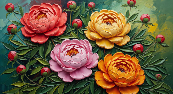 Oil Painting of Colorful Peony Flowers and Buds 3D Wallpaper for cover, mural wall art, invitation, poster, canvas print, wall decor painting design