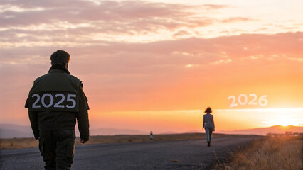 Conceptual journey to the future with 2025 and 2026 text overlay on outdoor landscapejpg