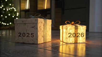 Festive New Year 2026 glowing gift box placed on a dark floor with a blurred Christmas tree...